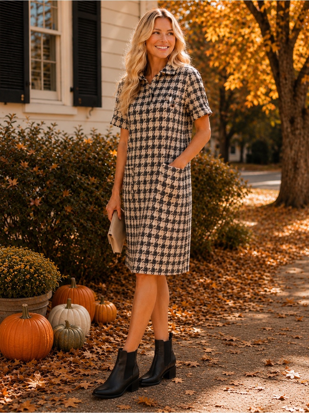 Tulip B Collared Plaid Tweed Midi Shift Dress in Black & Cream Large Pockets